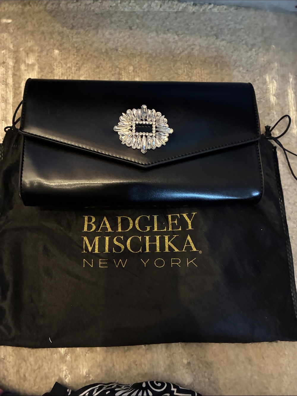 Badgley Mischka Black Satin Clutch with Rhinestone Brooch & dust bag